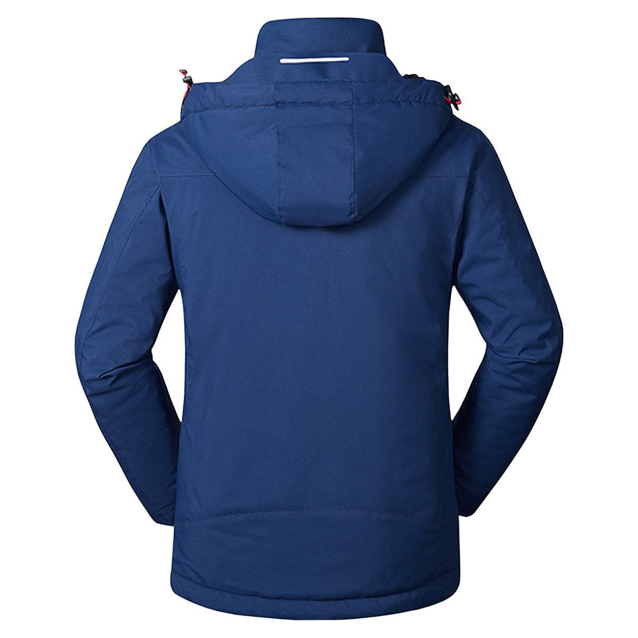men's navy blue Heated Trekking Jacket with 3 heat zones and detachable hood rear