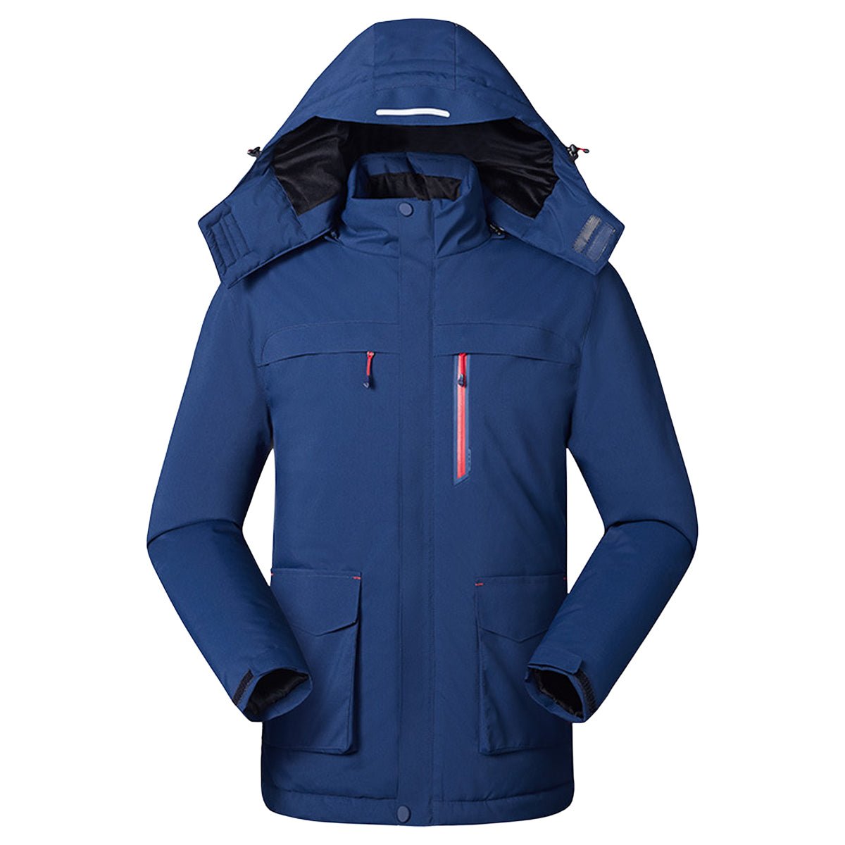 men's navy blue Heated Trekking Jacket with 3 heat zones and detachable hood