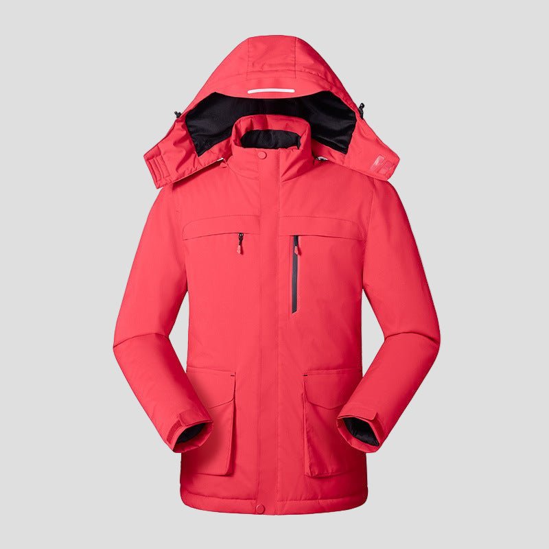 men's red Heated Trekking Jacket with 3 heat zones and detachable hood