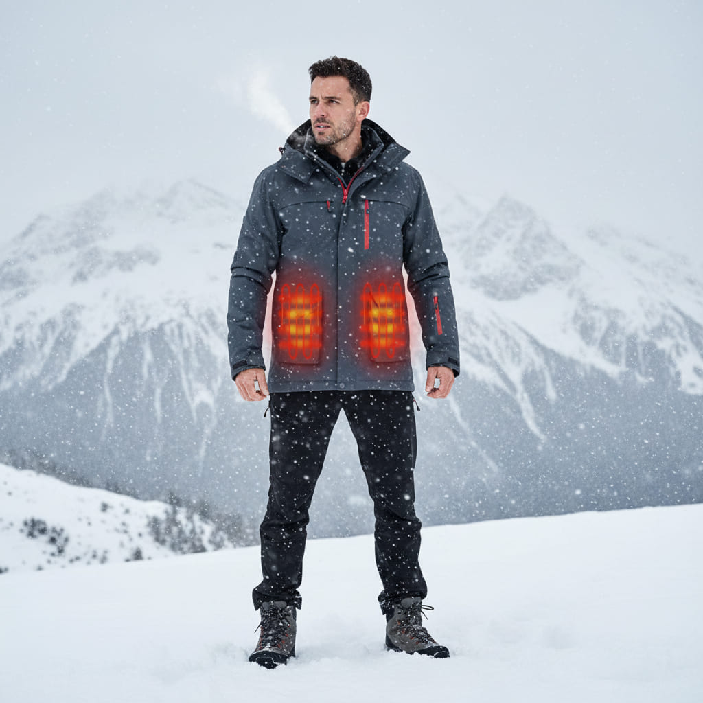 mens long waterproof heated trekking jacket