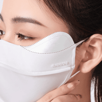 Close-up of a person wearing a white face mask with 'ANNIOU' branding.