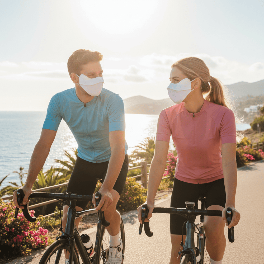 Two cyclists on a scenic road with ocean view, wearing face masks.