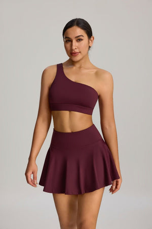 women's #maroon one-shoulder sports bra and skirt set 