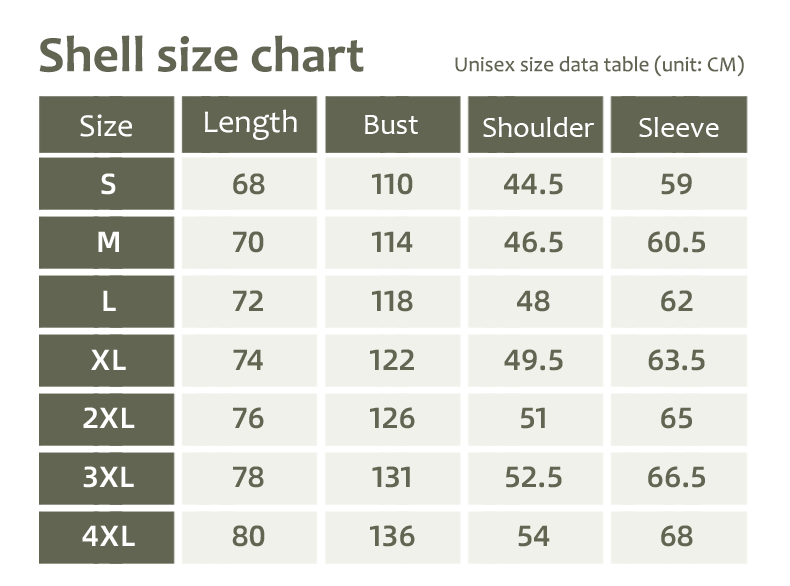 3-in-1 Removable Shell Jacket size guide