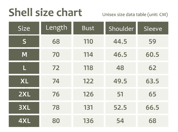 3-in-1 Removable Shell Jacket size guide