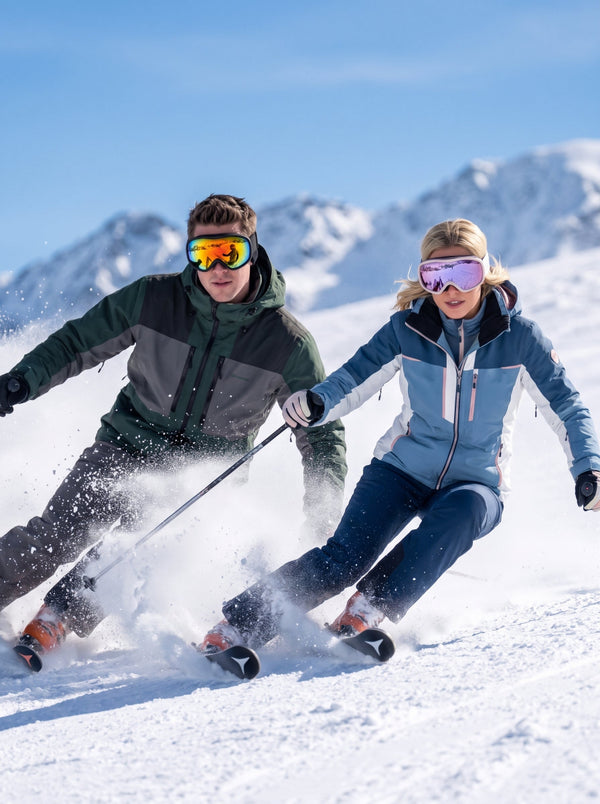 Male and female skiers skiing together on snowy mountain slope, wearing colorful mirrored ski goggles, snow splashing, bright sunny day, commercial product photo for ski goggles.