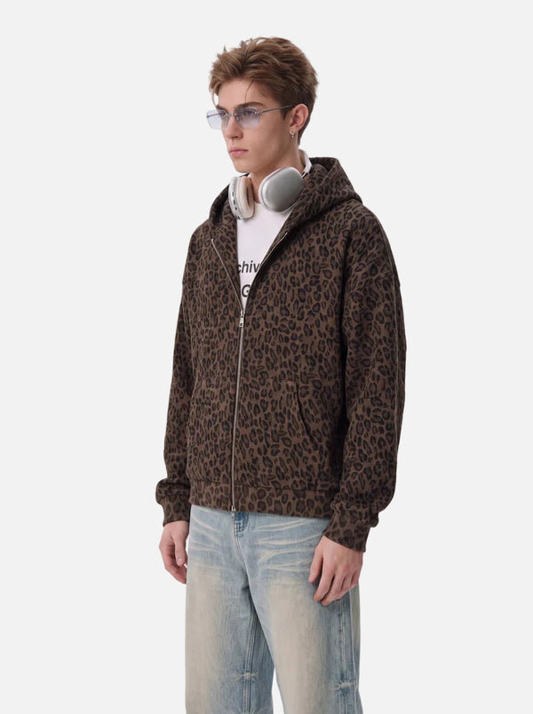 mens #brown Leopard Print Waffle Hooded Zip Jacket