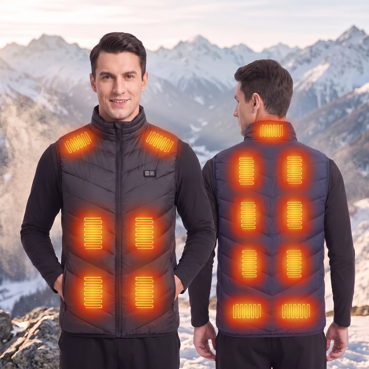 Front and back view of men's electric heated vest with visible heating panels, winter outdoor warm gilet, snow mountain scenery