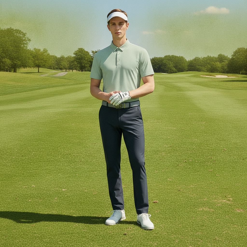 The man is wearing a green sun-protective golf polo shirt against a golf course background