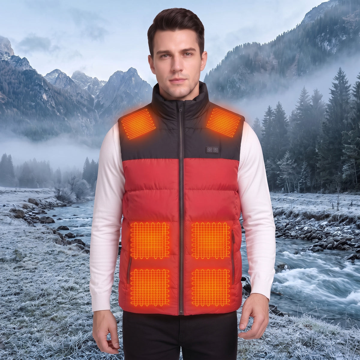 men's red heated vest with zipper pocket