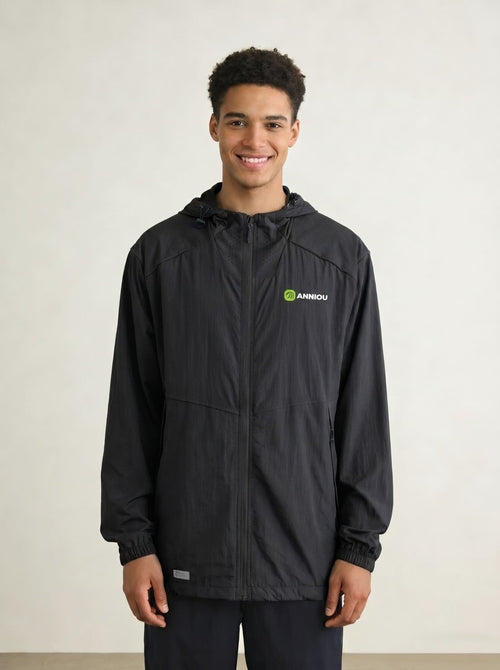 Men's #black UV Protection Jacket with an Anniou logo and a zip up design with air vents to the neck