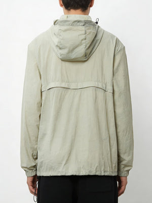 Person wearing a #lightgreen jacket with a hood on a white background