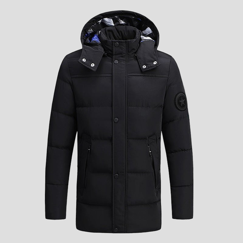 men's black Long Padded Heated Down Jacket with hood and pockets