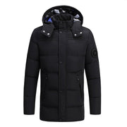 men's black Long Padded Heated Down Jacket with hood and pockets