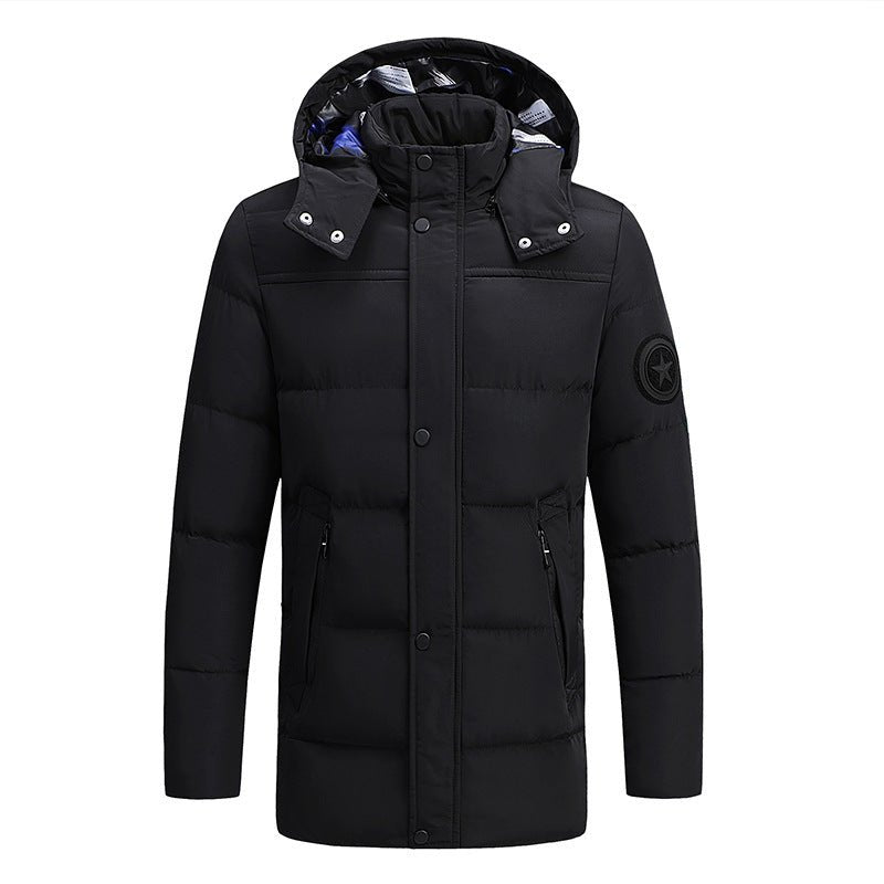 men's black Long Padded Heated Down Jacket with hood and pockets