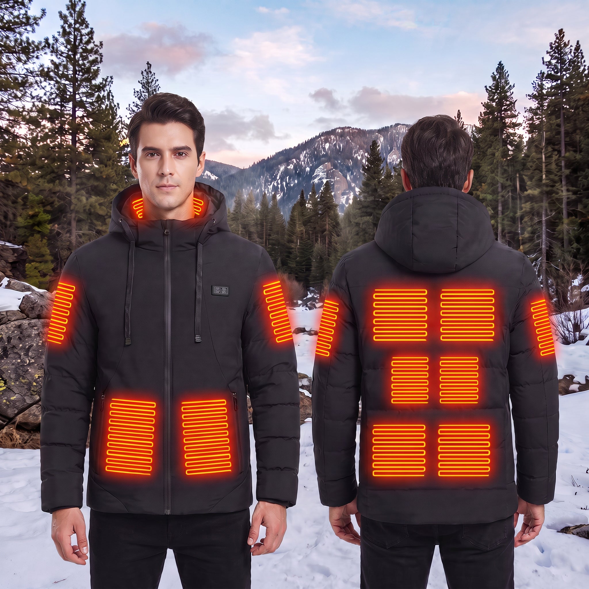 A man is shown from the front and back wearing a black heated padded jacket with glowing orange heating zones on the chest and back, set against a mountain landscape.