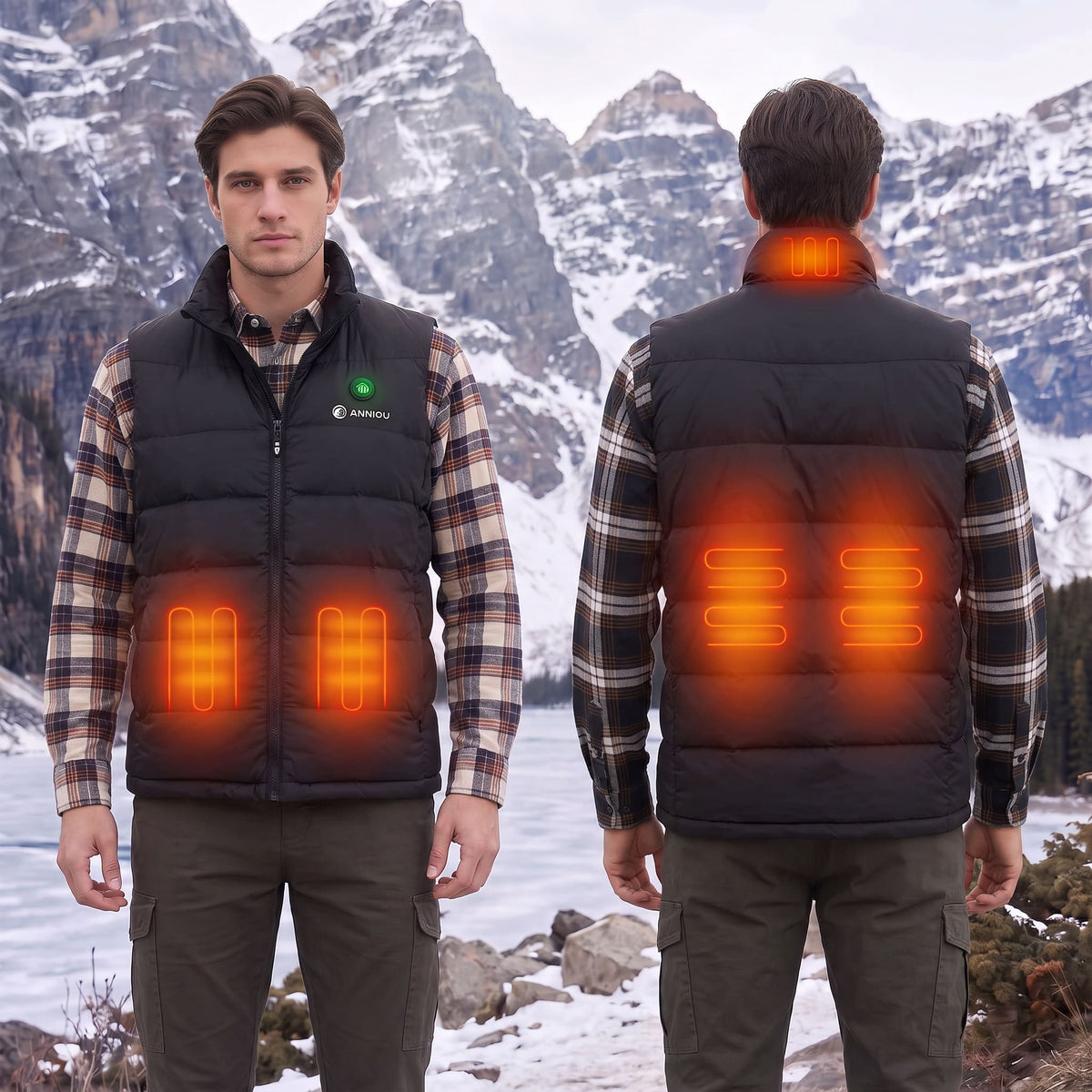 A man stands outdoors in front of snowy mountains, shown from the front and back wearing a black quilted vest over a plaid shirt. The image includes glowing orange heat-map overlays indicating heated zones on the front and back of the vest.