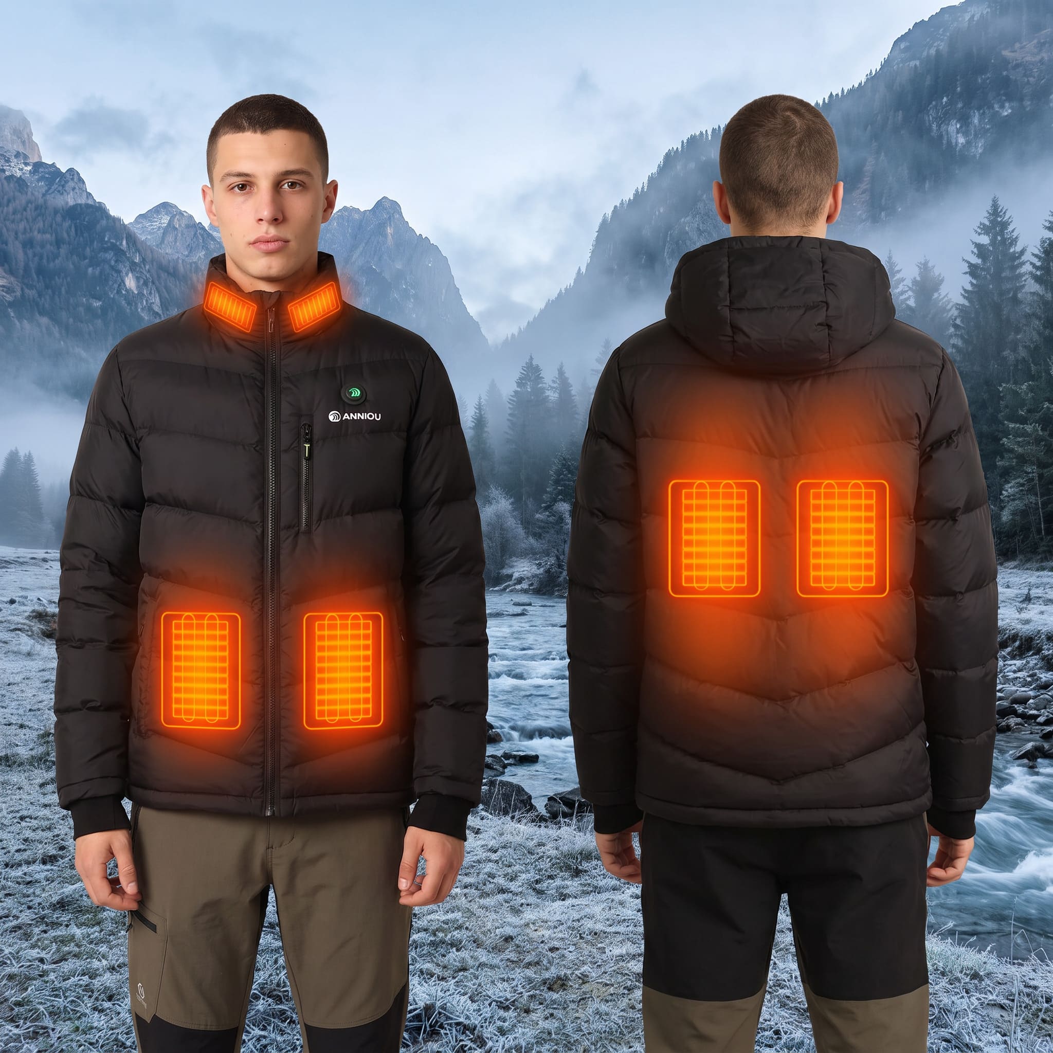 A man is shown from the front and back wearing a black heated puffer jacket with glowing orange heating zones on the chest and back, set against a snowy mountain landscape.