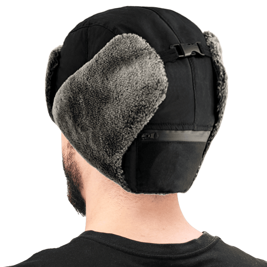 mens Heated Trapper Hat from the back in black 
