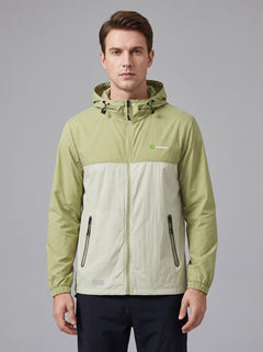 A man wearing a #sandgreen and off-white hooded Lightweight Breathable UV jacket with zipper and a Anniou logo