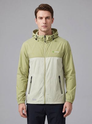 A man wearing a #sandgreen and off-white hooded Lightweight Breathable UV jacket with zipper and a Anniou logo