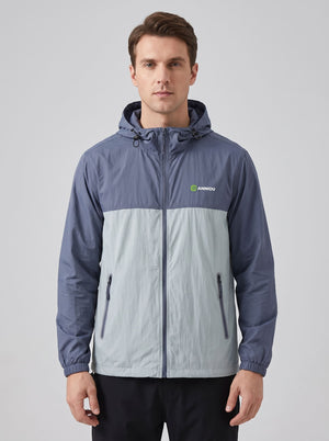 A man wearing a #darkblue and gray hooded Lightweight Breathable UV jacket with zipper and a Anniou logo