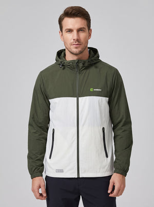 A man wearing a #green and white hooded Lightweight Breathable UV jacket with zipper and a Anniou logo