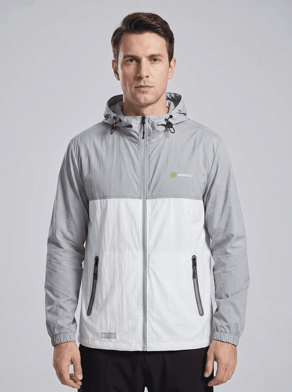 A man wearing a #lightgray and white hooded Lightweight Breathable UV jacket with zipper and a Anniou logo
