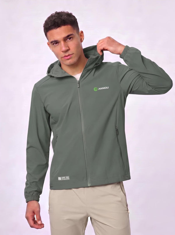 Mens #green hooded jacket with an Anniou logo and UPF 50+ Protected