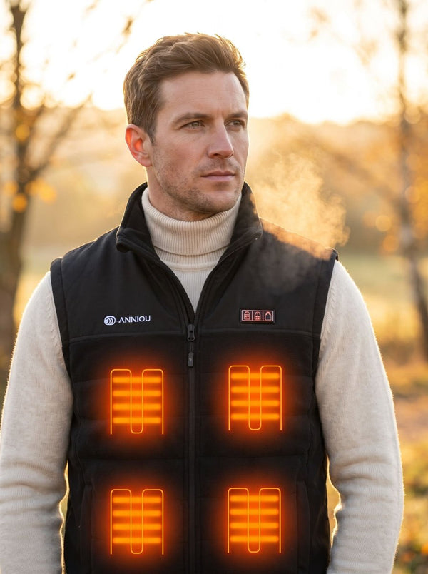 A man wearing a black heated zip-up fleece gilet over a cream turtleneck sweater, standing outdoors in a warm, blurred autumn setting. The vest features glowing orange graphic heat zones on the front to illustrate warmth, with the 'ANNIOU' brand logo visible on the left chest.