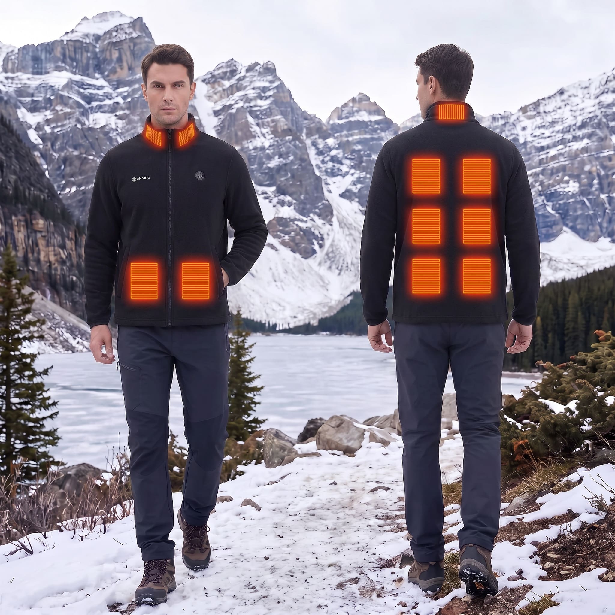 A man stands outdoors in a snowy mountain landscape, shown from both front and back to demonstrate a black heated zip-up jacket with glowing orange heating panels. The background features snow-covered peaks, a frozen lake, and evergreen trees.