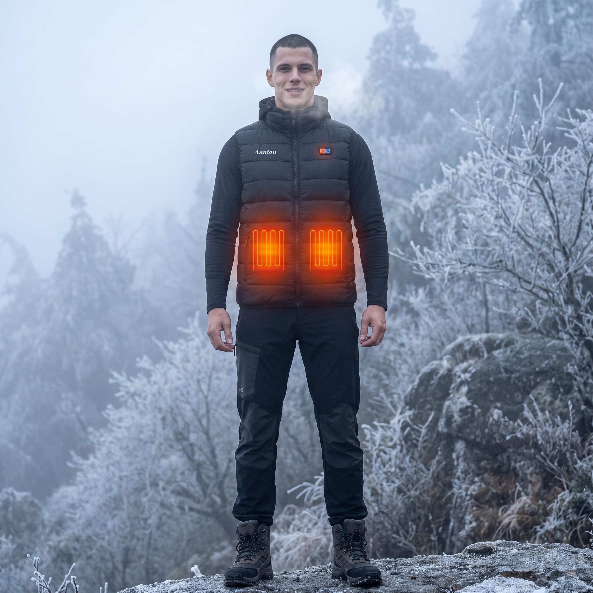 A man stands outdoors in a snowy, foggy forest wearing a black insulated puffer heated gilet with glowing orange heat zones on the front, black pants, and hiking boots.