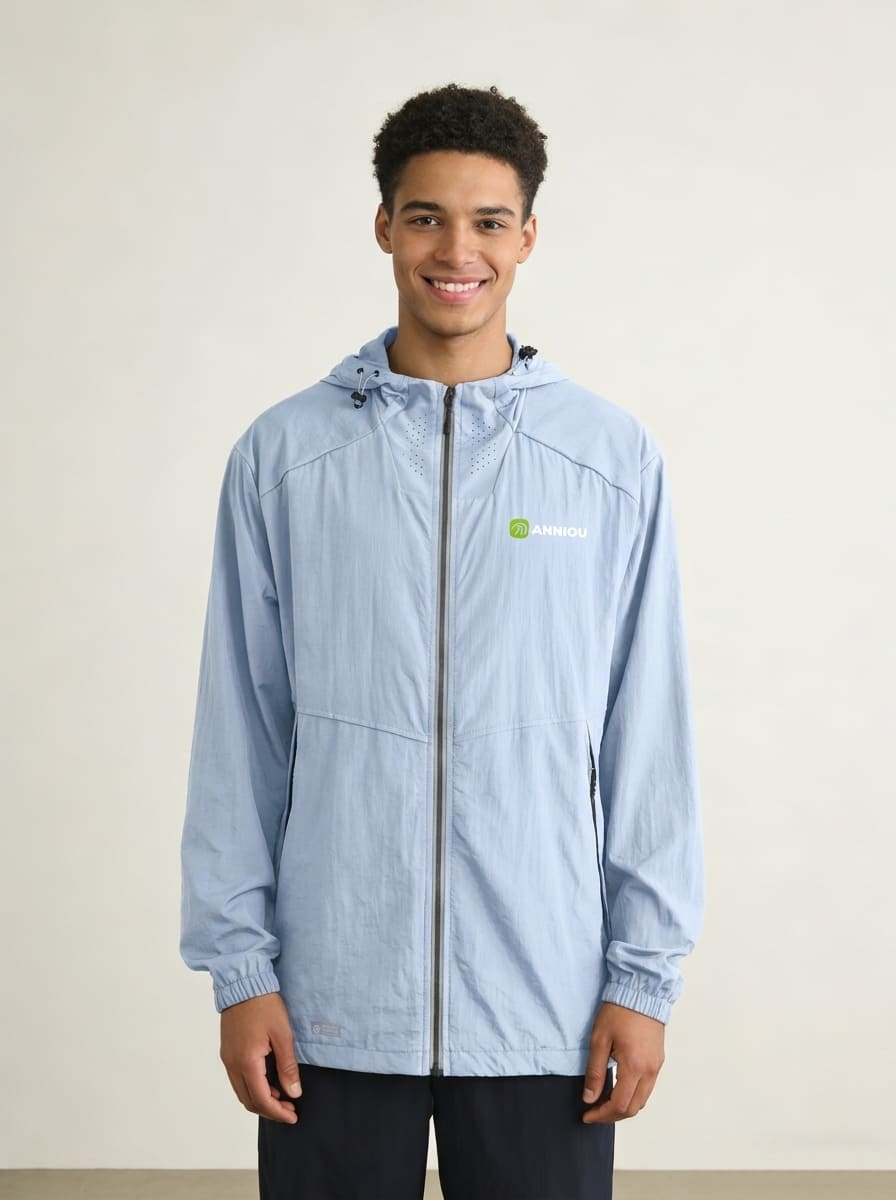 Men's #lightblue UV Protection Jacket with an Anniou logo and a zip up design with air vents to the neck