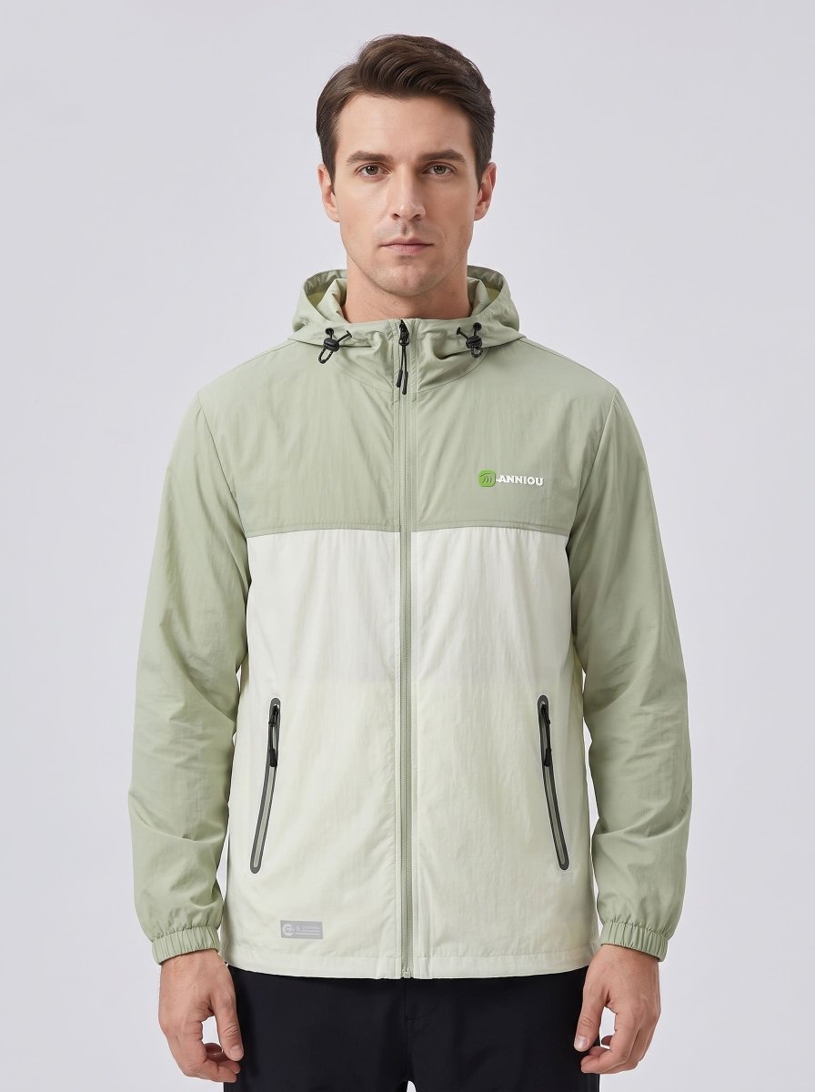 A man wearing a #lightgreen and off-white hooded Lightweight Breathable UV jacket with zipper and a Anniou logo