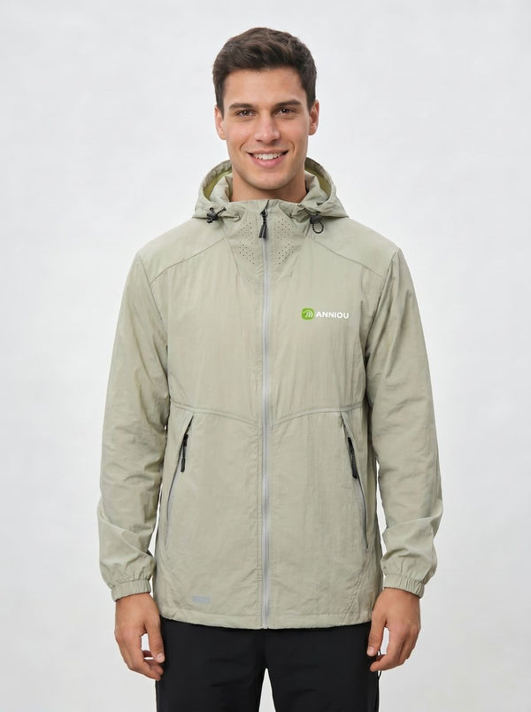 Men's #lightgreen UV Protection Jacket with an Anniou logo and a zip up design with air vents to the neck