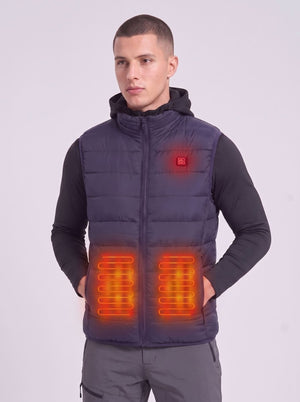Mens navy blue heated puffer gilet with 2 heated elemnts on the front