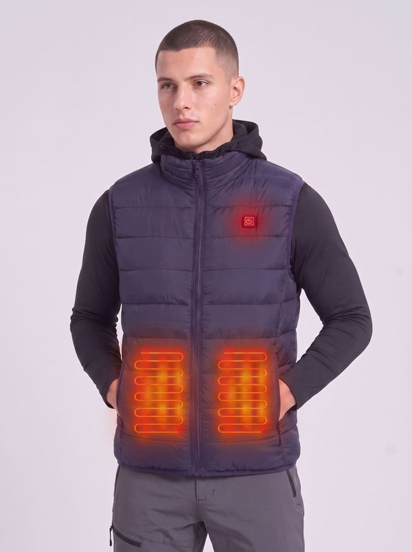 Mens navy blue heated puffer gilet with 2 heated elemnts on the front