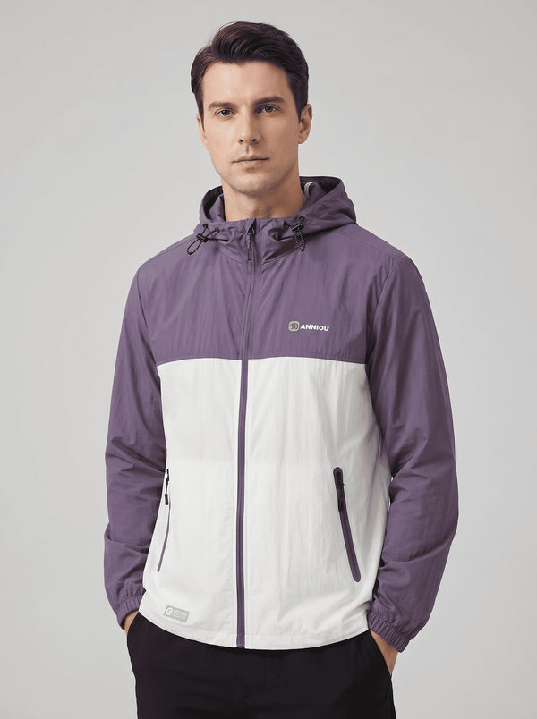 A man wearing a #purple white hooded Lightweight Breathable UV jacket with zipper and a Anniou logo