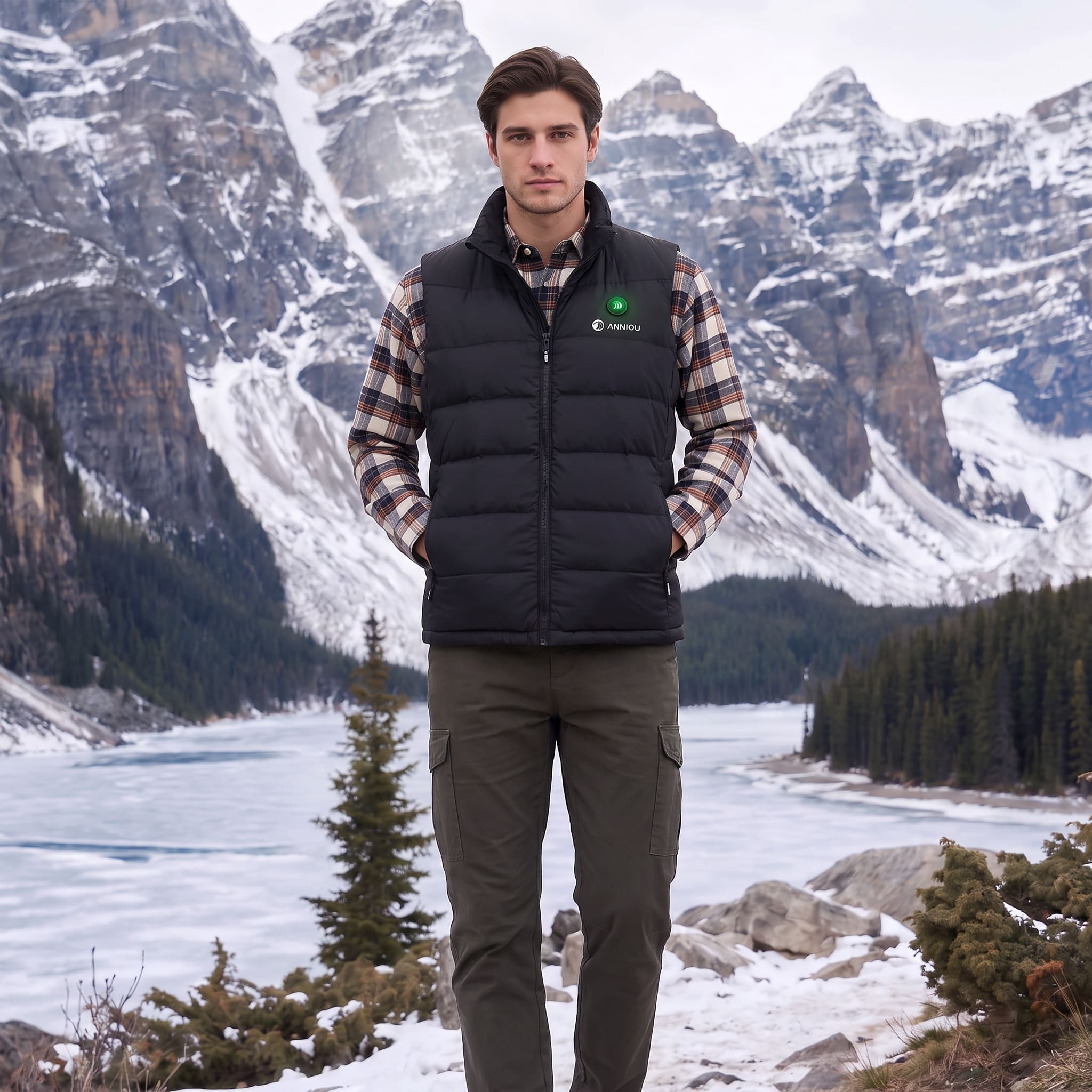 A man stands outdoors in front of snowy mountains and a frozen lake, wearing a black quilted zip-front vest over a brown and beige plaid flannel shirt, with olive cargo pants. A small green and white Columbia logo is visible on the chest of the vest.