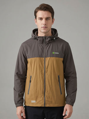 A man wearing a #darkbrown and orange hooded Lightweight Breathable UV jacket with zipper and a Anniou logo