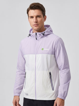 A man wearing a #violet and off-white hooded Lightweight Breathable UV jacket with zipper and a Anniou logo