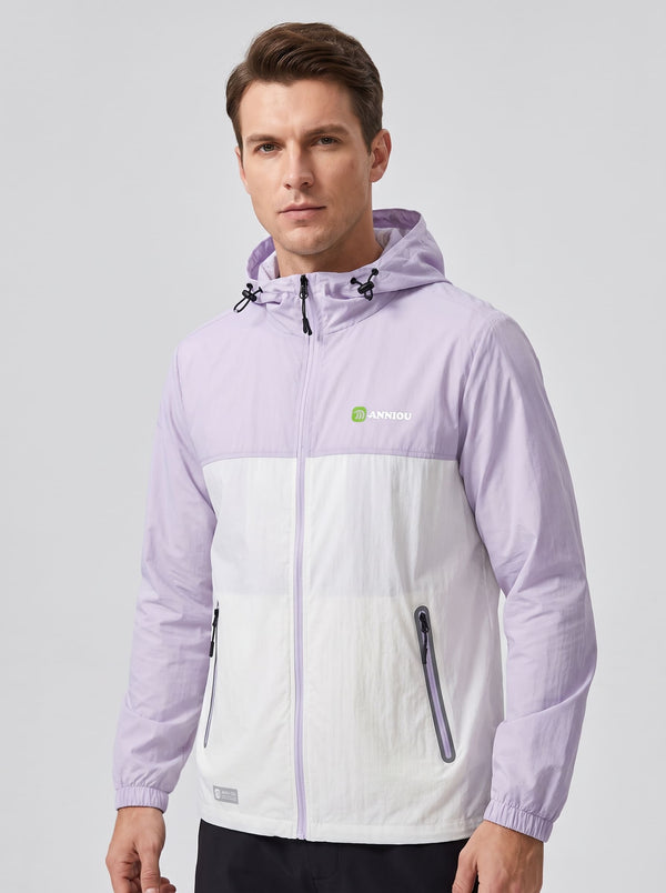 A man wearing a #violet and off-white hooded Lightweight Breathable UV jacket with zipper and a Anniou logo