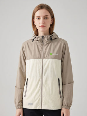 women's Lightweight Breathable UV Jacket with a hooded color-blocked design in #mocha and off-white, featuring a full front zipper, zippered hand pockets, and a small green logo on the left chest.