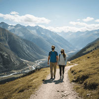 Two people walking on a mountain path with a scenic view of mountains and valleys face masks upf 50+