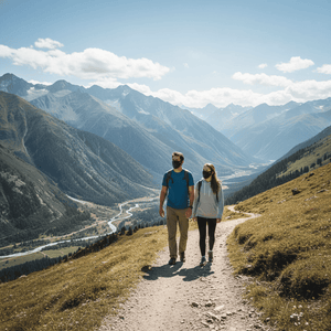 Two people walking on a mountain path with a scenic view of mountains and valleys face masks upf 50+
