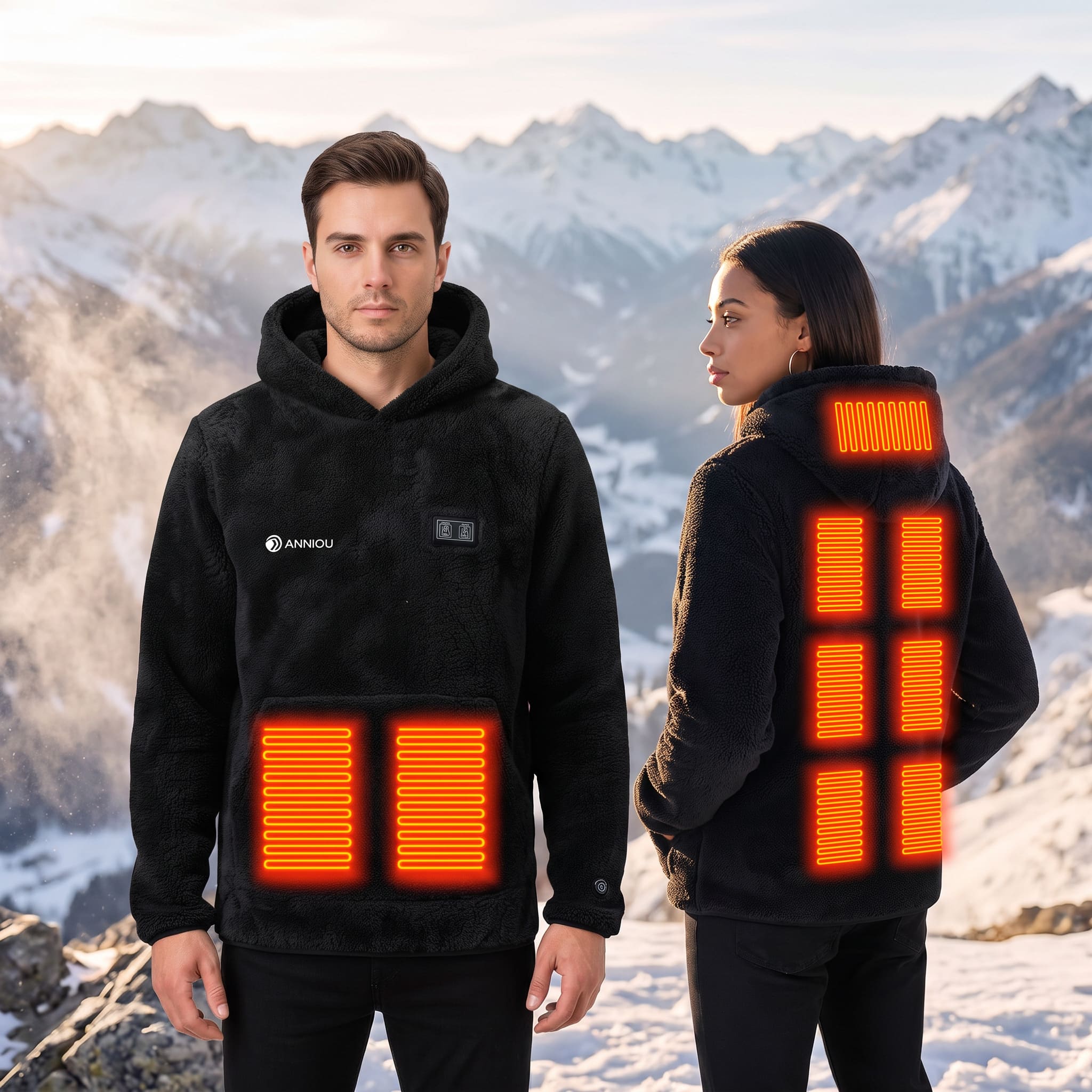 A man and a woman wearing black heated hoodies with glowing orange heating panels on the front and back, standing in a snowy mountain landscape.