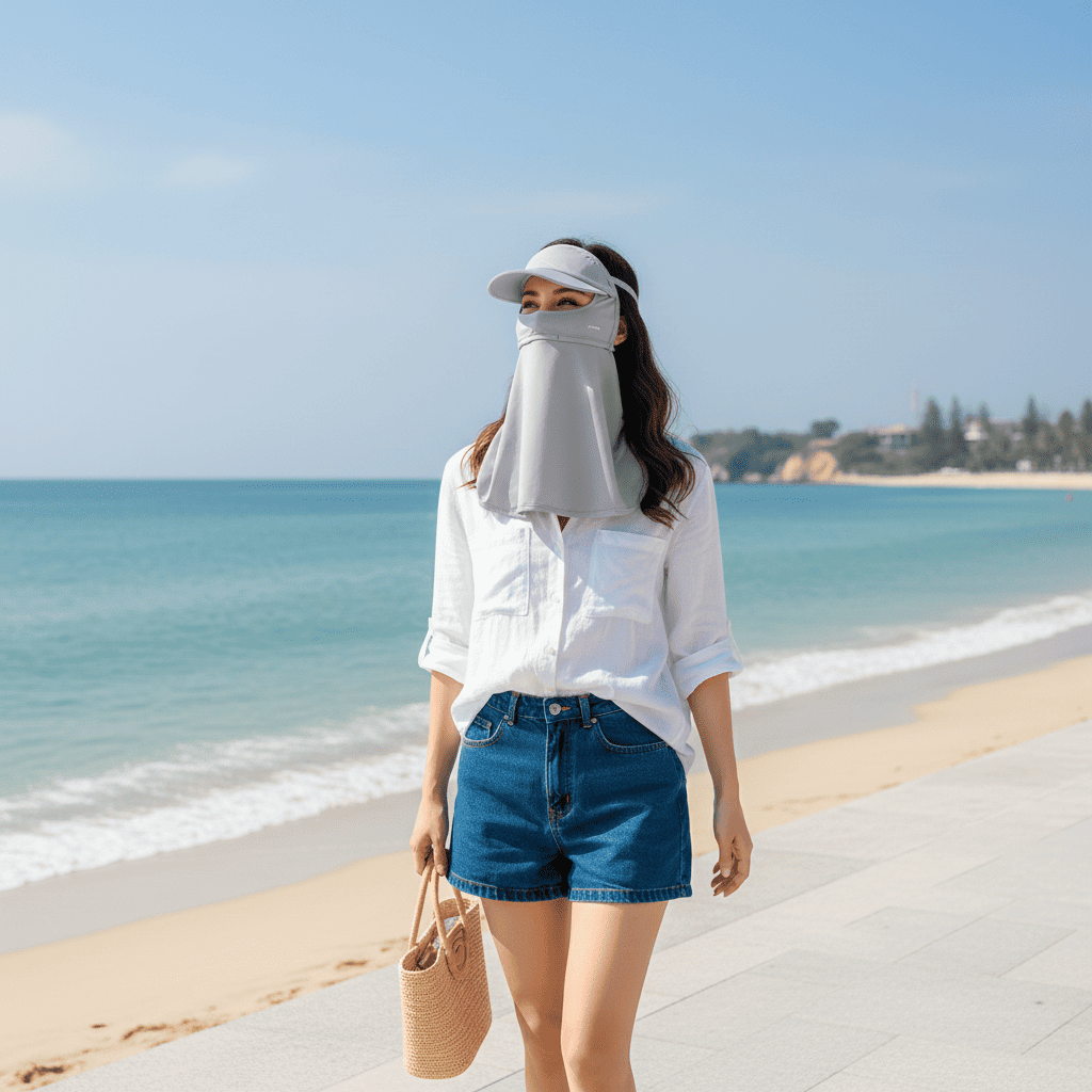 Woman wearing a face shield and visor on a beach