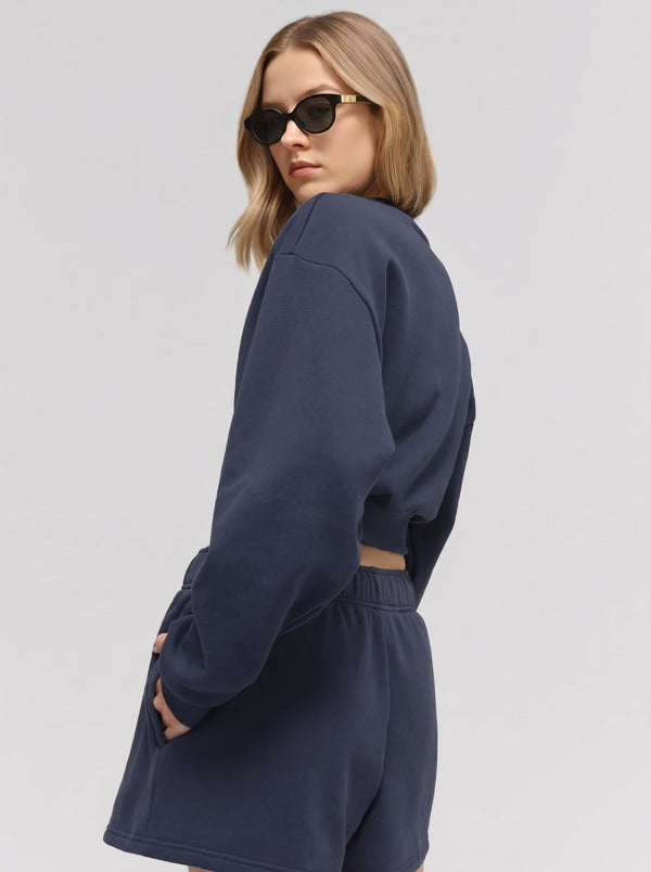 #navy Cropped Crew Neck Pullover of side view