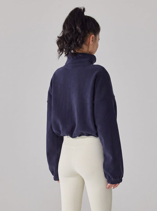 #navy Sherpa Fleece Stand Collar Jacket of back view