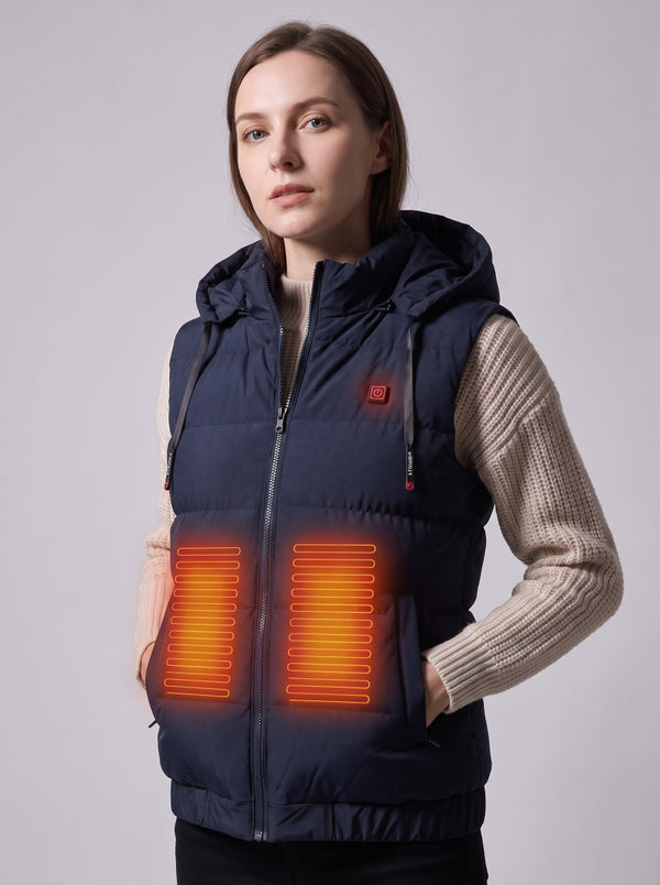 #navy Women's zip up Hooded Heated Vest 2 heating zone in front